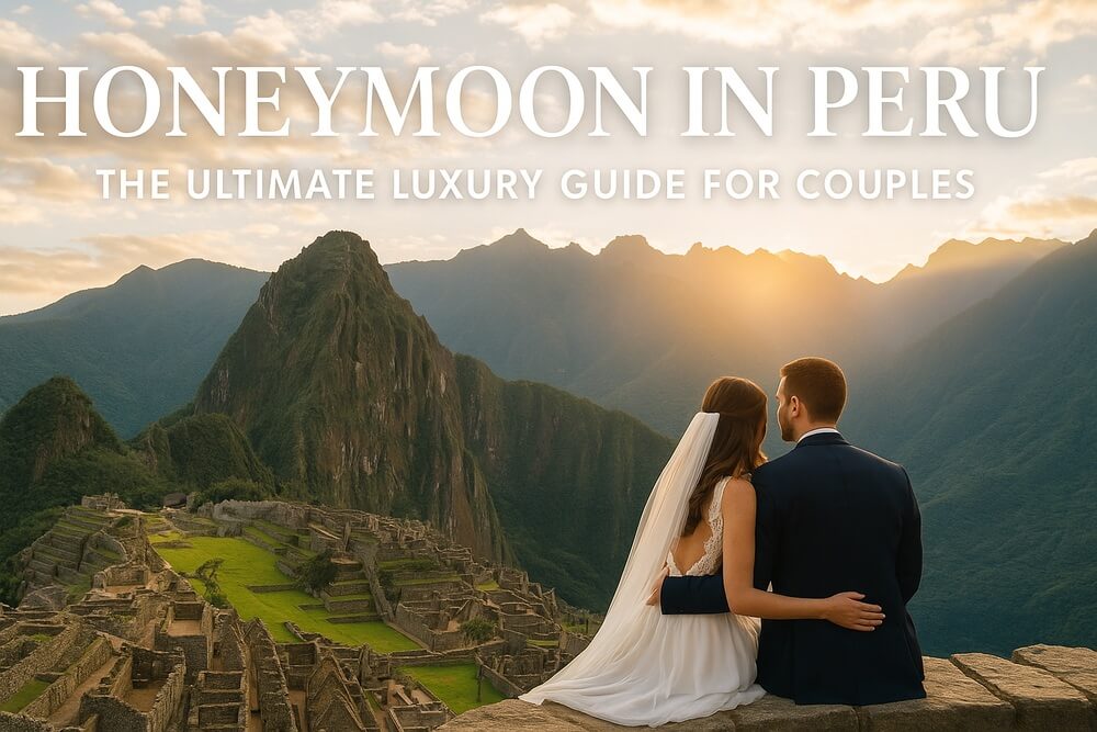 A newlywed couple in wedding attire sits overlooking Machu Picchu at sunset, surrounded by the Andes Mountains, symbolizing a romantic luxury honeymoon in Peru | Andean Travel Experience