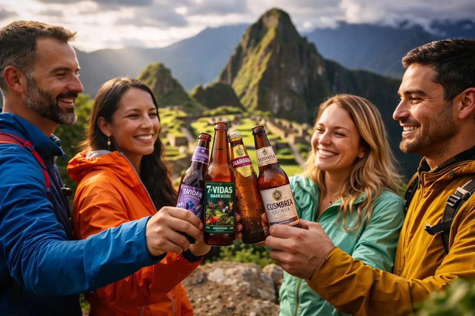 Travelers toasting with Peruvian craft beers while overlooking Machu Picchu and the Andes at sunset | Andean Travel Experience Travelers toasting with Peruvian craft beers while overlooking Machu Picchu and the Andes at sunset | Andean Travel Experience