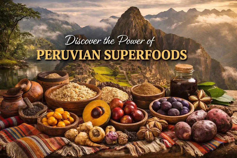 Peruvian superfoods displayed on traditional Andean textiles with Machu Picchu and the Andes mountains in the background, showcasing quinoa, maca, lucuma, camu camu, and purple potatoes. | Andean Travel Experience Peruvian superfoods displayed on traditional Andean textiles with Machu Picchu and the Andes mountains in the background, showcasing quinoa, maca, lucuma, camu camu, and purple potatoes. | Andean Travel Experience