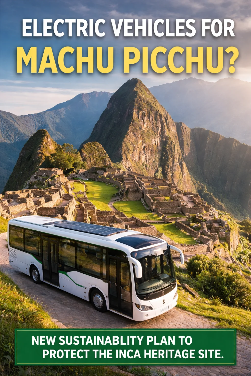 Vertical image of Machu Picchu at sunrise with a modern electric tour bus in the foreground and headline text about electric vehicles protecting the Inca heritage site.