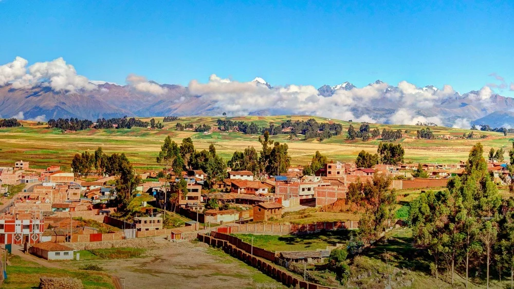 Panoramic view of Chinchero in the Sacred Valley of Peru, surrounded by Andean landscapes near Machu Picchu Panoramic view of Chinchero in the Sacred Valley of Peru, surrounded by Andean landscapes near Machu Picchu
