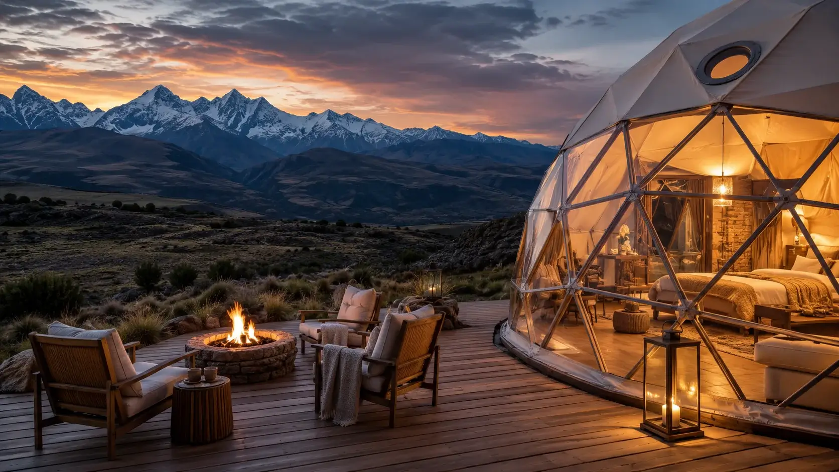 Luxury glamping in Peru with a geodesic dome, private fire pit, and panoramic views of the Andean mountains at sunset. | Andean Travel Experience