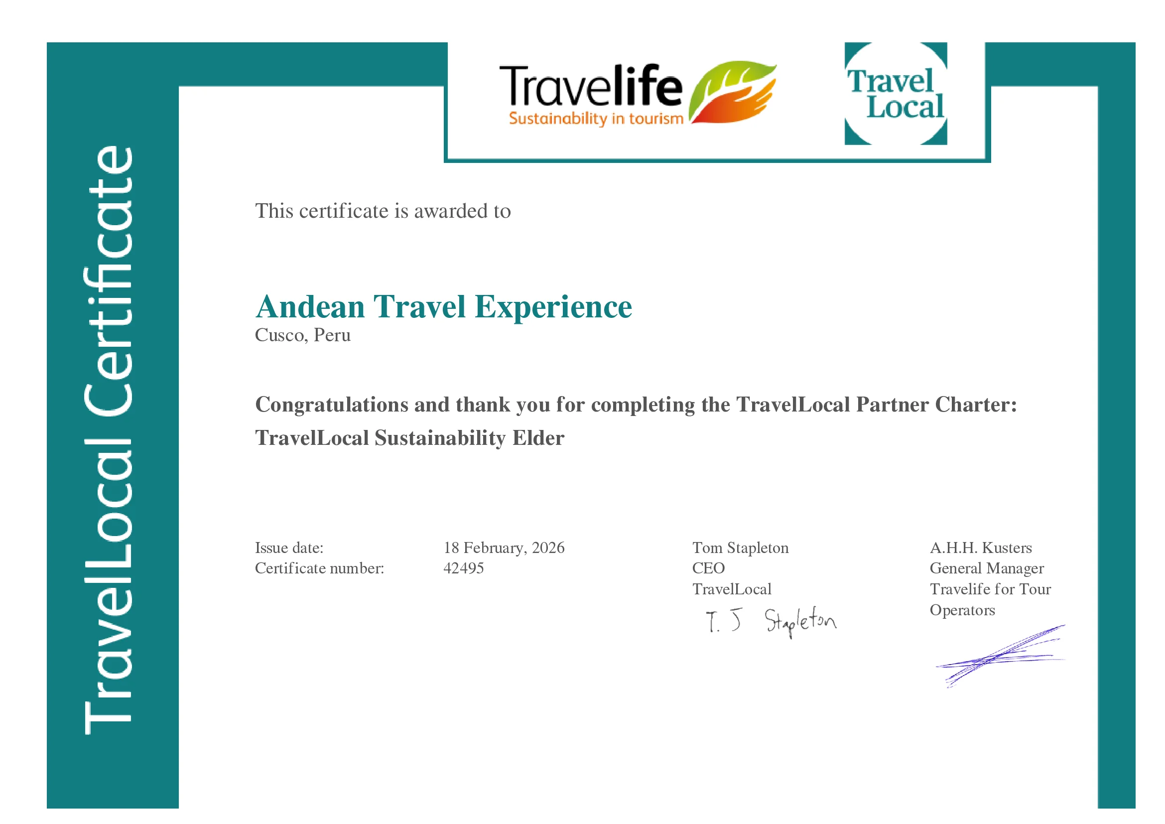 Travel Local Elder Certificate | Andean Travel Experience