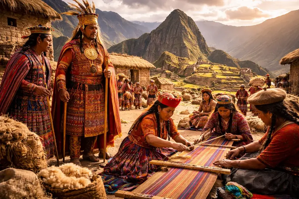 Late afternoon light illuminates ancient Inca stone walls in the Andes, with a traditionally dressed Andean man standing beside the ruins, reflecting the legacy and craftsmanship of Inca civilization in Peru. | Andean Travel Experience Late afternoon light illuminates ancient Inca stone walls in the Andes, with a traditionally dressed Andean man standing beside the ruins, reflecting the legacy and craftsmanship of Inca civilization in Peru. | Andean Travel Experience