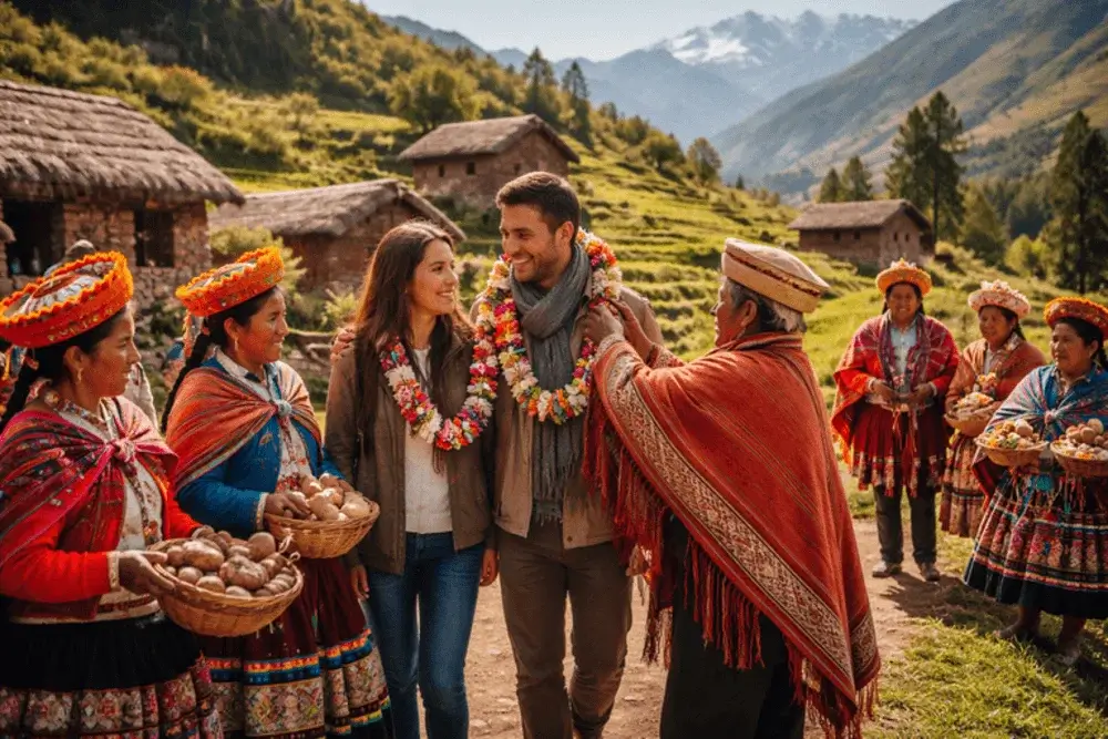 Tourists experiencing traditional Andean culture with Quechua villagers in the Peruvian Andes. | Andean Travel Experience