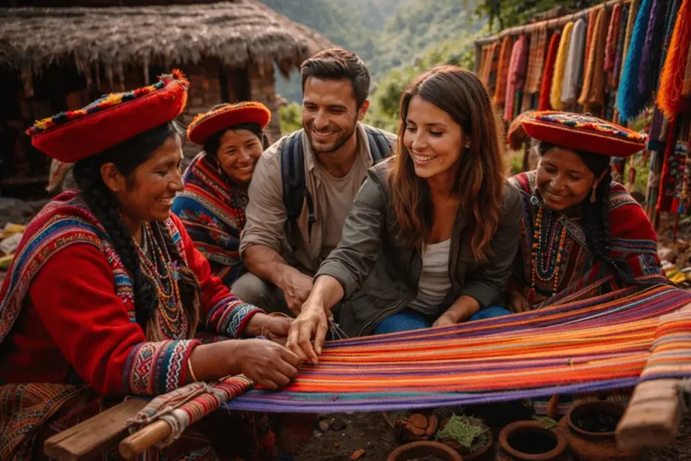 Tourists learning traditional Andean weaving from local women in a mountain community in Peru. | Andean Travel Experience
