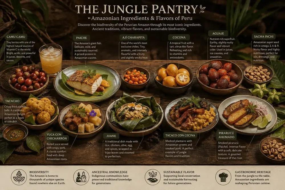 Fresh Amazonian ingredients including camu camu, paiche, cacao, and ají charapita used in Peruvian cuisine | Andean Travel Experience | Andean Travel Experience Fresh Amazonian ingredients including camu camu, paiche, cacao, and ají charapita used in Peruvian cuisine | Andean Travel Experience | Andean Travel Experience