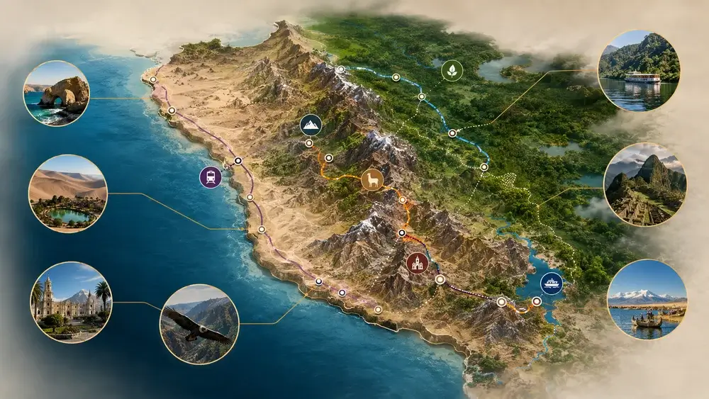 Luxury travel map of Peru highlighting Southern Peru's private travel routes, altitude progression, culinary destinations, Machu Picchu, Cusco, Arequipa, Colca Canyon, Lake Titicaca, and the Amazon for personalized travel planning. | Andean Travel Experience