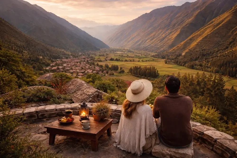 Couple enjoying a peaceful sunset overlooking the Sacred Valley in Peru with panoramic Andes mountains and traditional villages | Andean Travel Experience