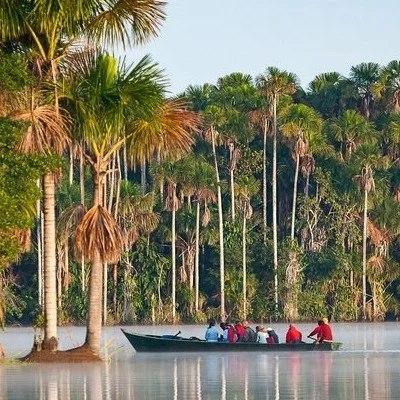 Lake Sandoval peaceful, mirror-like oxbow lake surrounded by lush rainforest. | Andean Travel Experience