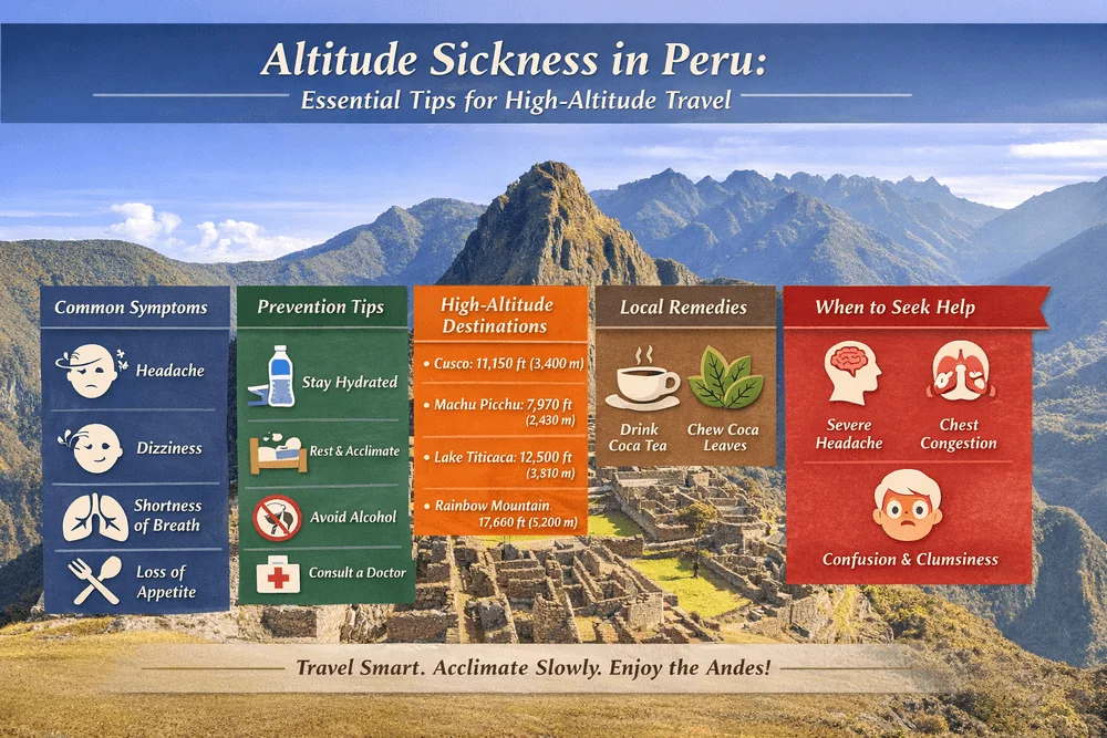 Visual guide to altitude sickness in Peru including common symptoms, acclimatization tips, and elevations of Machu Picchu, Cusco, and Lake Titicaca. | Andean Travel Experience