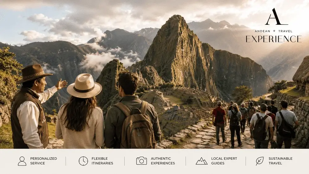 Travelers comparing a private tour and a small group tour while exploring Machu Picchu in Peru. | Andean Travel Experience Travelers comparing a private tour and a small group tour while exploring Machu Picchu in Peru. | Andean Travel Experience