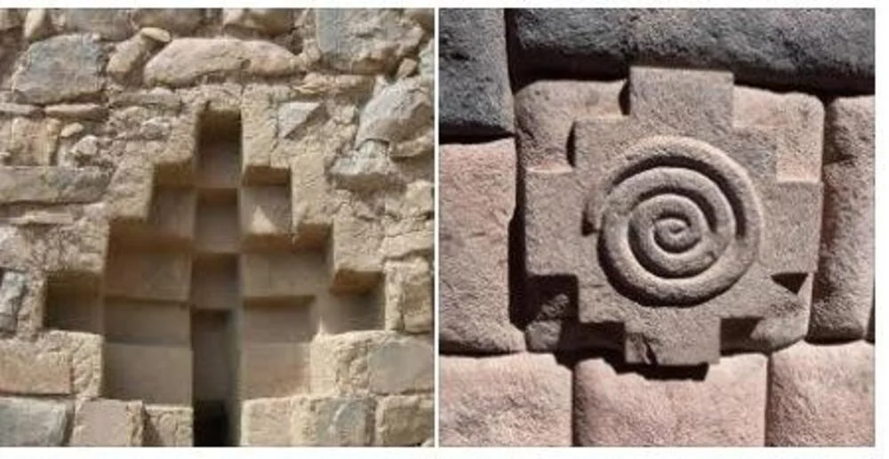 Stone Chakana (Inca Cross) carved into an ancient Inca wall, representing Andean cosmology and the union of the three worlds. | Andean Travel Experience Stone Chakana (Inca Cross) carved into an ancient Inca wall, representing Andean cosmology and the union of the three worlds. | Andean Travel Experience