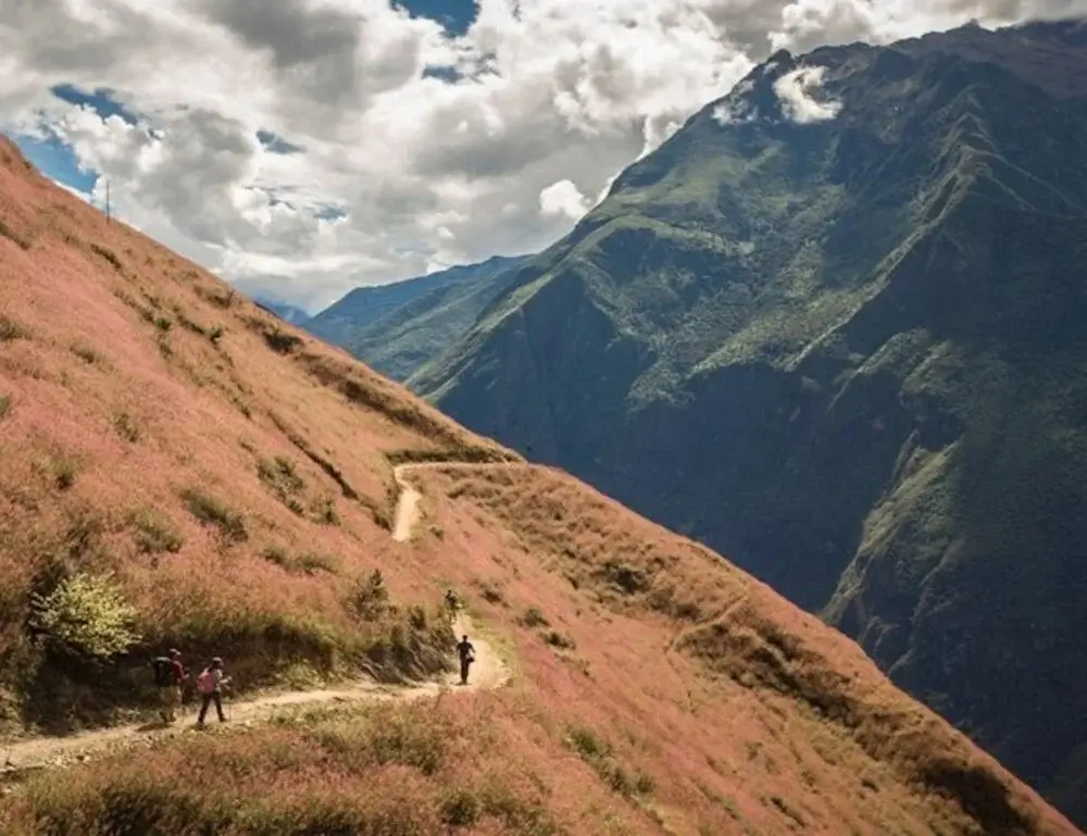 Adventurers hiking the challenging Choquequirao Trek, descending into the Apurimac Canyon and surrounded by Andean mountains and dense cloud forest. | Andean Travel Experience