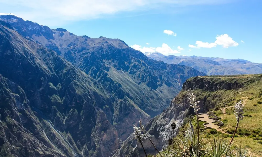Panoramic view of Colca Canyon from a viewpoint, showcasing deep valleys and rugged Andean mountains | Andean Travel Experience