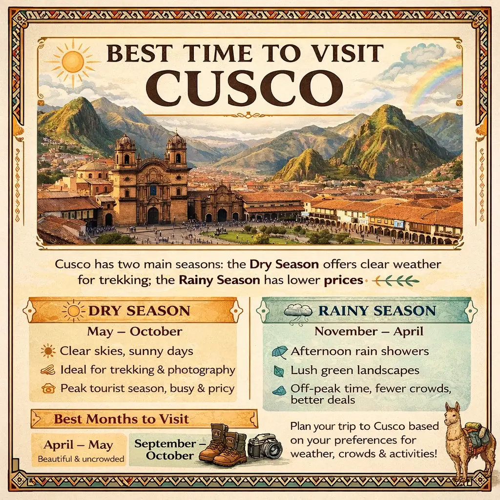 Square infographic showing the best time to visit Cusco, highlighting April–May and September–October as ideal months, the dry season from May to September, cultural festivals in June, and fewer crowds from January to March. | Andean Travel Experience