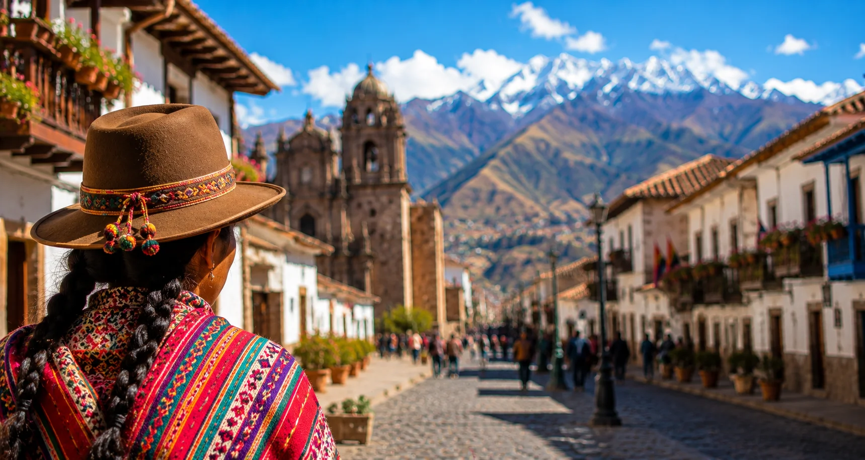 Traditional Andean textiles and pottery displayed along a charming colonial street in Peru, with mountain scenery in the background. | Andean Travel Experience
