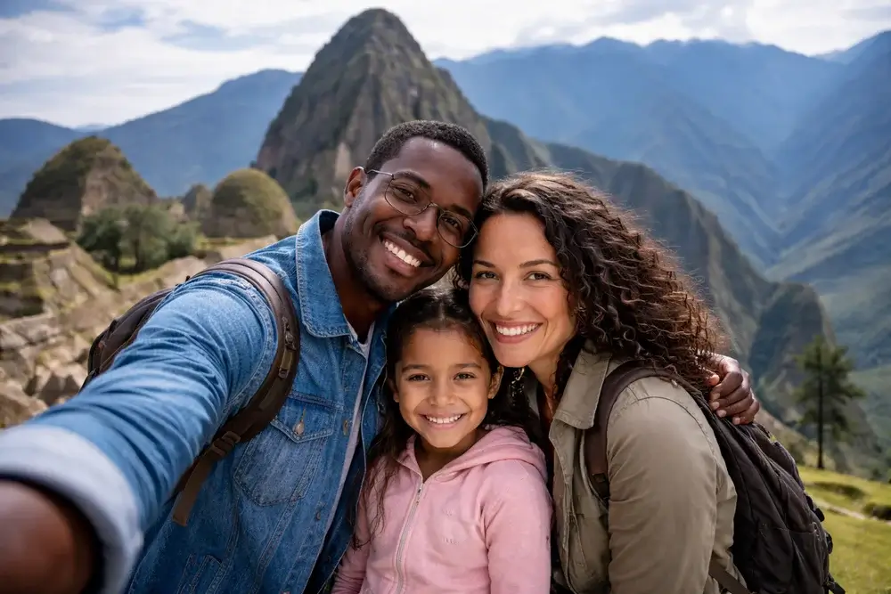Family visiting Machu Picchu in Peru with panoramic Andes mountain views, unforgettable family vacation in South America. | Andean Travel Experience Family visiting Machu Picchu in Peru with panoramic Andes mountain views, unforgettable family vacation in South America. | Andean Travel Experience