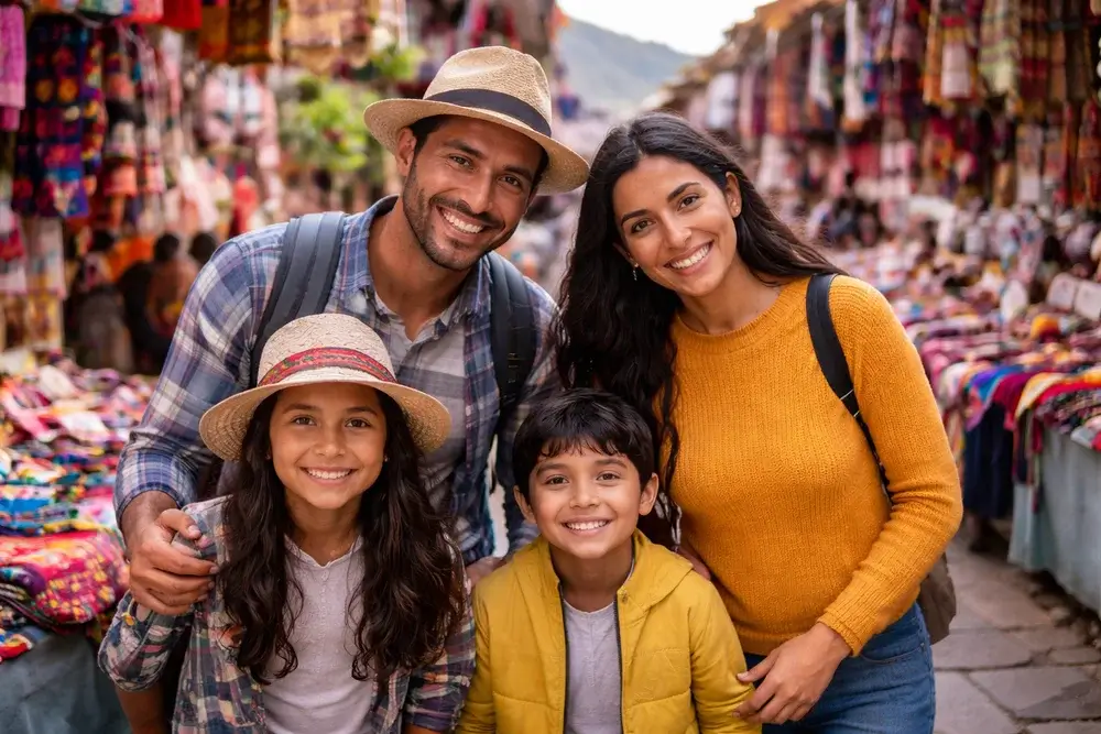 Traveling family exploring traditional textiles and local culture at a vibrant Sacred Valley market in Peru. | Andean Travel Experience Traveling family exploring traditional textiles and local culture at a vibrant Sacred Valley market in Peru. | Andean Travel Experience