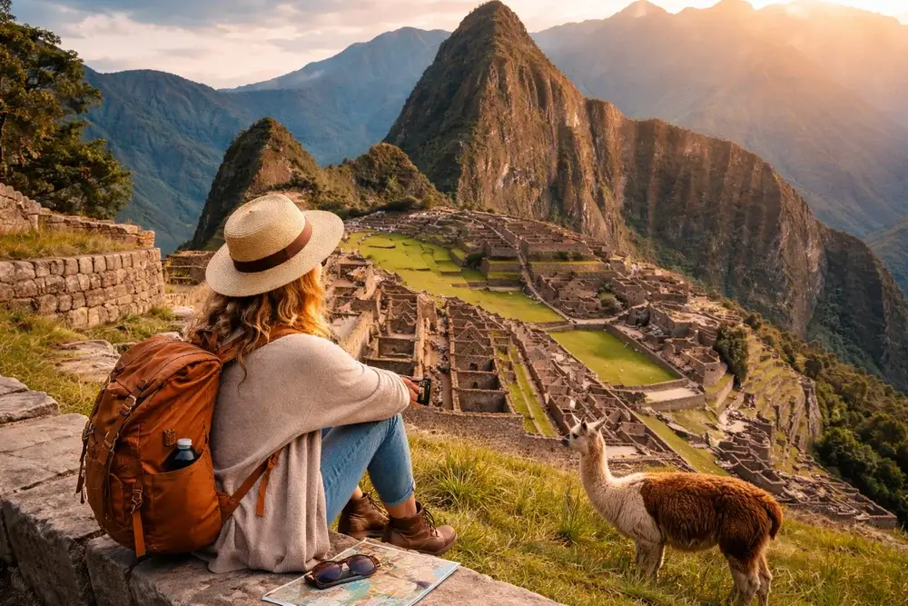 Solo female traveler enjoying a peaceful moment overlooking Machu Picchu at sunrise, Peru | Andean Travel Experience