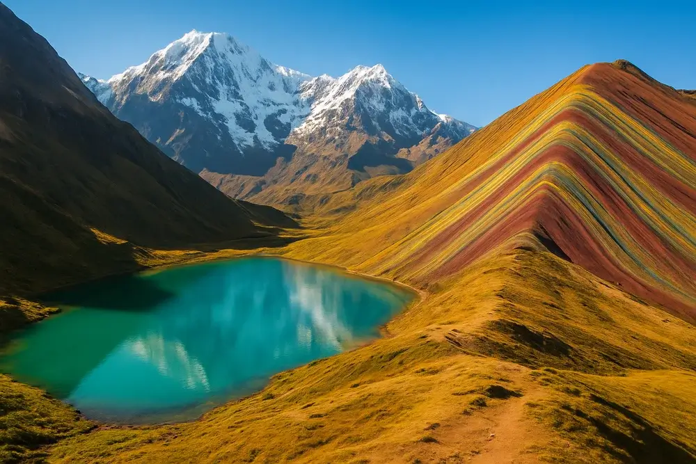 Panoramic view of Laguna Humantay’s turquoise waters beneath snow-capped Andean peaks, blending into the colorful striped slopes of Rainbow Mountain under a clear blue sky. | Andean Travel Experience