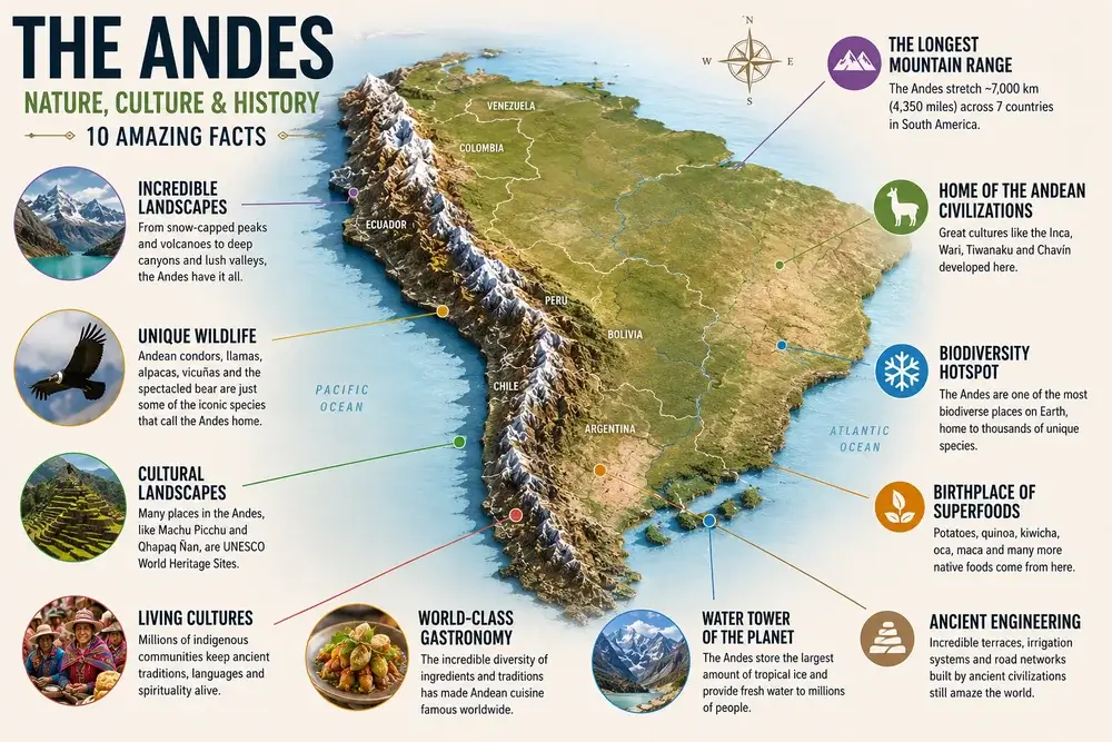 Infographic map of the Andes Mountains highlighting fascinating facts about their geography, biodiversity, wildlife, ancient civilizations, and cultural heritage across South America. | Andean Travel Experience Infographic map of the Andes Mountains highlighting fascinating facts about their geography, biodiversity, wildlife, ancient civilizations, and cultural heritage across South America. | Andean Travel Experience