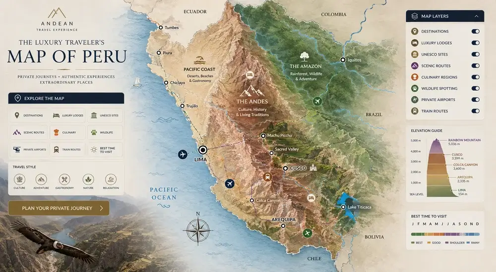 Illustrated interactive map of Peru showing the Pacific Coast, Andes, and Amazon with luxury travel routes, destination icons, scenic experiences, and regional landscapes for planning a tailor-made Peru itinerary. | Andean Travel Experience