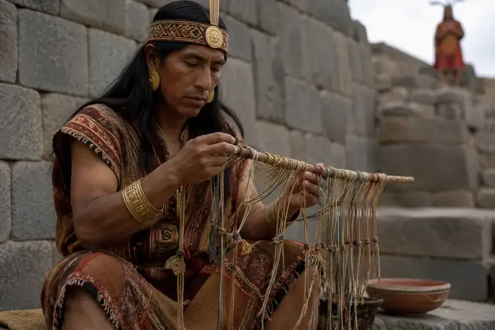 Realistic reconstruction of an Inca khipukamayuq using a colorful khipu (quipu) to record information with knotted cords inside an ancient Inca stone structure in Peru | Andean Travel Experience