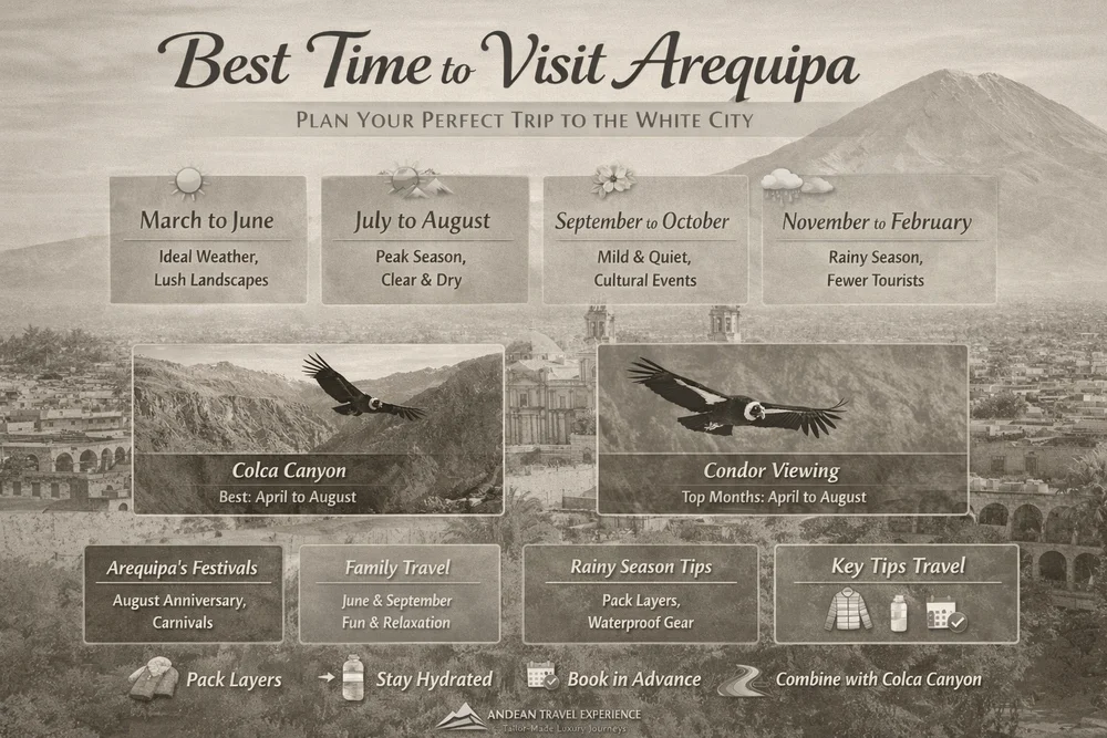 Best time to visit Arequipa infographic showing seasonal weather, ideal months to travel, Colca Canyon highlights, condor viewing periods, and key travel tips with Misti Volcano in the background. | Andean Travel Experience