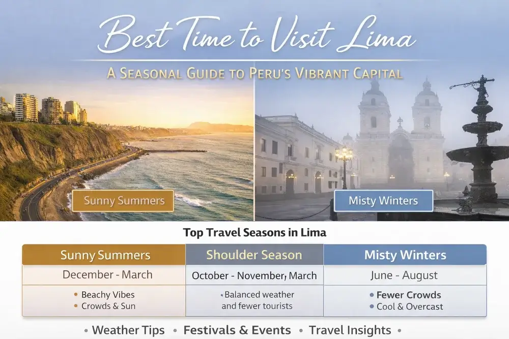 Infographic showing the best time to visit Lima, Peru, comparing summer, shoulder season, and winter with weather conditions, crowds, and travel highlights. | Andean Travel Experience