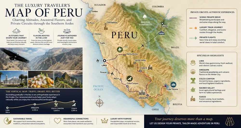 Illustrated map of Peru featuring the country's diverse landscapes, including the Pacific coast, Andes, Amazon rainforest, Machu Picchu, Lake Titicaca, scenic travel routes, wildlife, and cultural highlights for luxury travel inspiration. | Andean Travel Experience