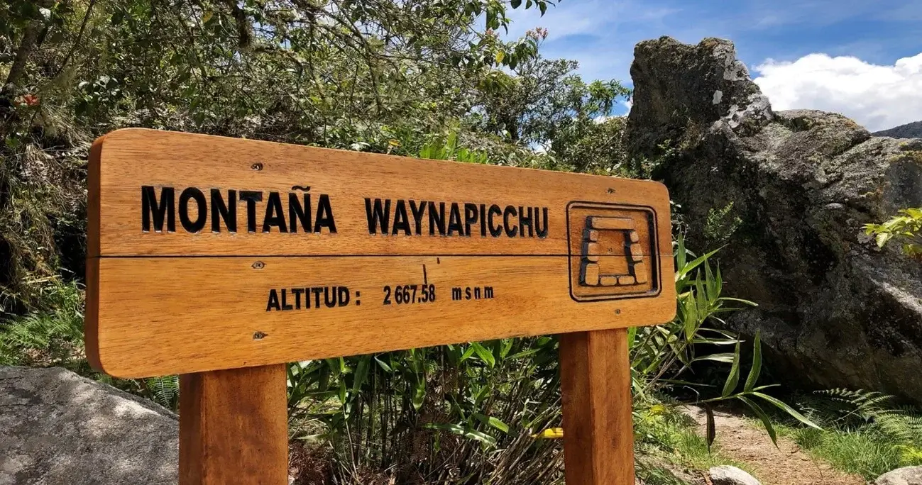 Sign for Huayna Picchu Mountain at Machu Picchu, Peru | Andean Travel Experience