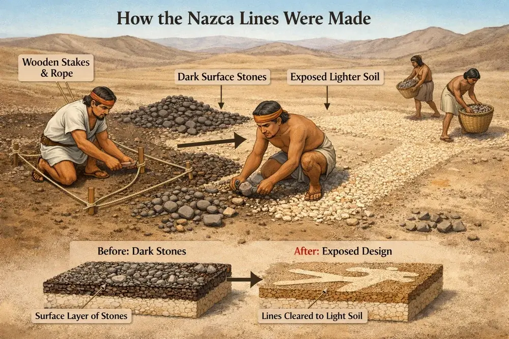 Illustration explaining how the Nazca Lines were made by removing stones | Andean Travel Experience Illustration explaining how the Nazca Lines were made by removing stones | Andean Travel Experience