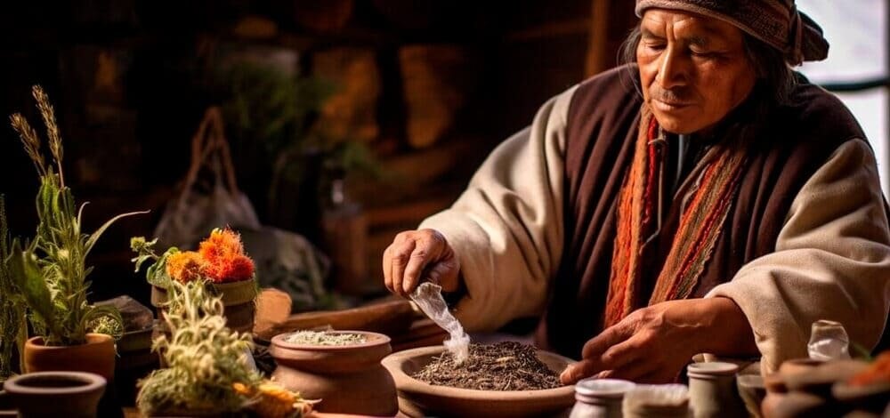 Homemade Andean herb-infused aguardiente in a small glass, served with fresh muña leaves for flavor and tradition | Andean Travel Experience