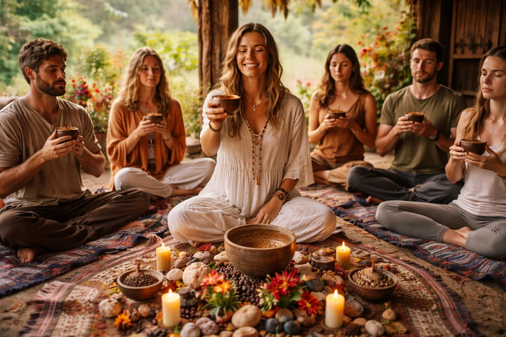 Cacao ceremony wellness retreat in Peru with participants holding ceremonial cacao in a nature lodge surrounded by mountains | Andean Travel Experience