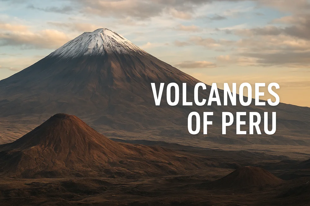 A panoramic view of a snow-capped Peruvian volcano at sunset, with a smaller reddish volcanic cone in the foreground and soft golden light illuminating the rugged Andean landscape. | Andean Travel Experience