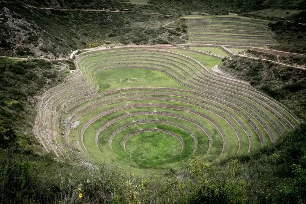 Circular agricultural terraces of Moray in Peru, an Inca archaeological site used as a natural laboratory for crop experimentation. | Andean Travel Experience