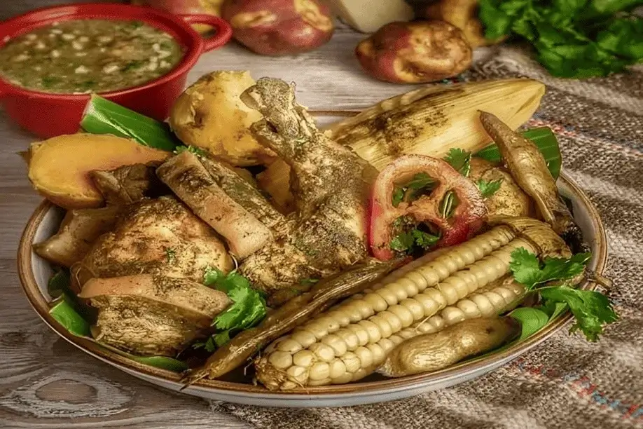 Traditional Peruvian pachamanca with meats and vegetables cooked underground with hot stones | Andean Travel Experience