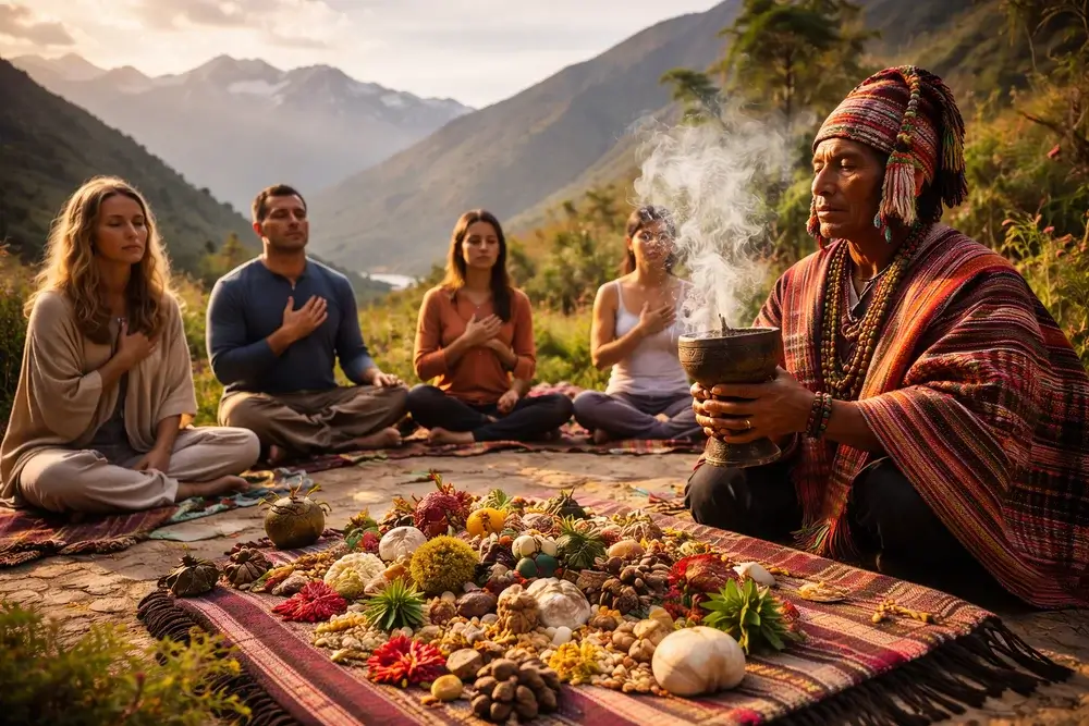 Traditional Pachamama ceremony in the Andes Peru led by an Andean shaman with travelers participating in a spiritual offering ritual | Andean Travel Experience