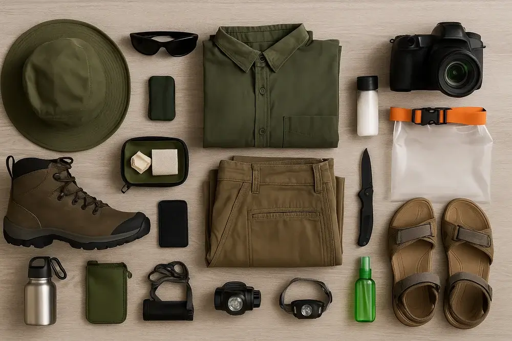 Image of a packing list for a trip to the Peruvian Amazon, showing light clothing, trekking boots, insect repellent, hat, backpack, and other essential items for the rainforest. | Andean Travel Experience