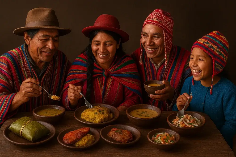 Group of Amazonian locals and travelers enjoying traditional jungle dishes together outdoors, sharing plates of juane, grilled fish, and tropical fruits — capturing the communal spirit and cultural richness of Peruvian Amazon dining | Andean Travel Experience