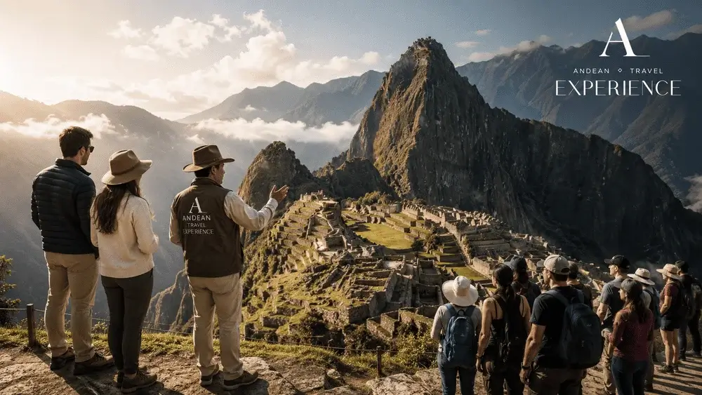 Private guide leading travelers through Machu Picchu during a personalized private tour in Peru. | Andean Travel Experience Private guide leading travelers through Machu Picchu during a personalized private tour in Peru. | Andean Travel Experience