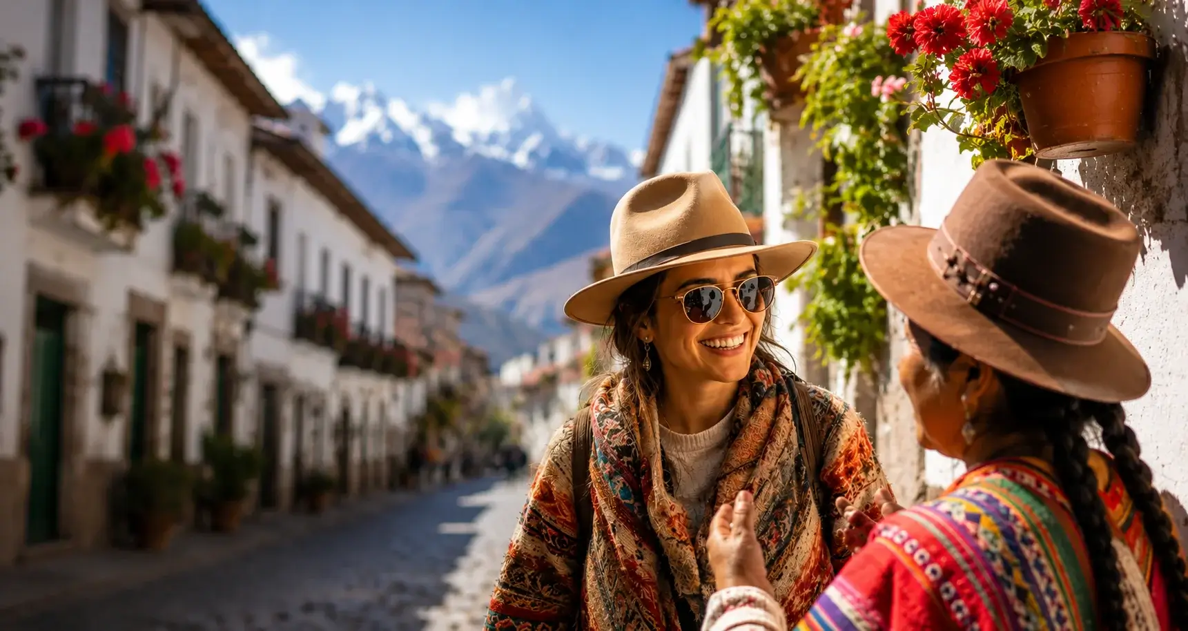 Indigenous woman in traditional Peruvian attire overlooking a historic Andean street with colonial architecture and mountain views. | Andean Travel Experience
