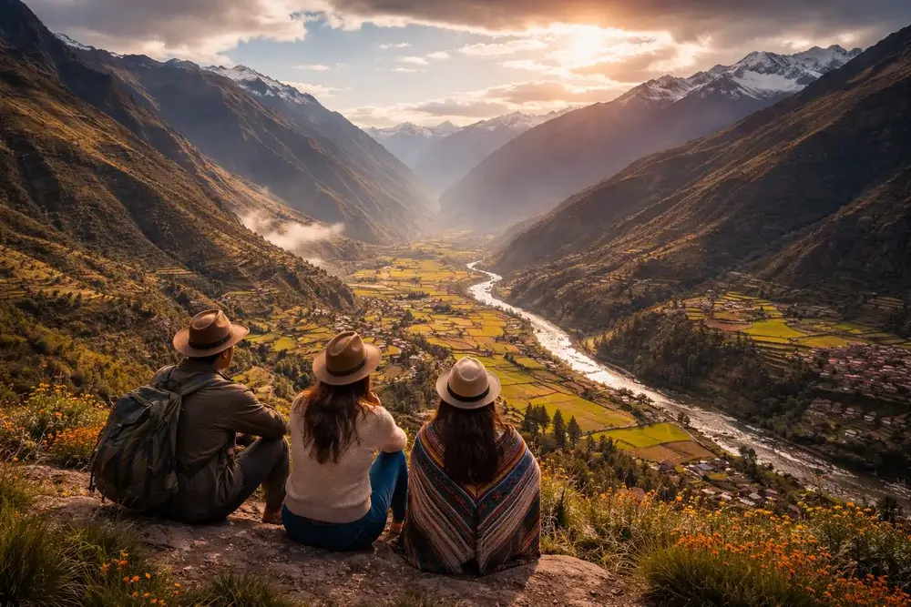 Luxury travelers overlooking the Sacred Valley of Peru at sunset with river, terraces, and Andes mountains | Andean Travel Experience