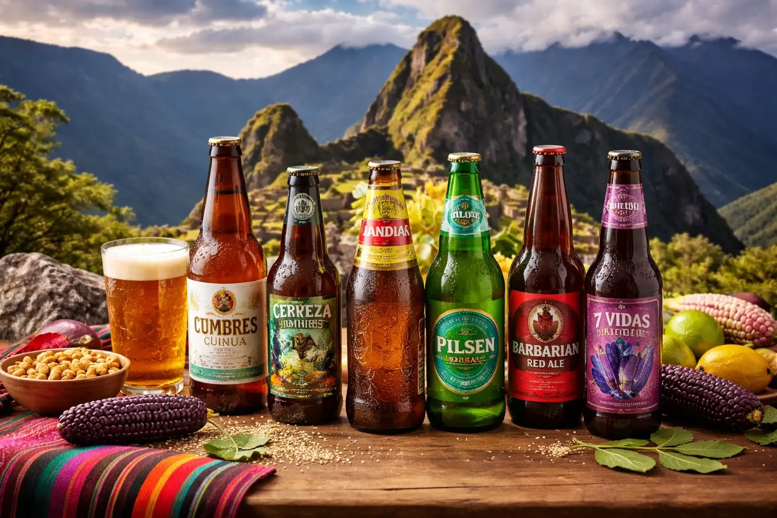 Peruvian craft beer served against the Andean mountains, showcasing local brewing culture and scenic landscapes of Peru | Andean Travel Experience Peruvian craft beer served against the Andean mountains, showcasing local brewing culture and scenic landscapes of Peru | Andean Travel Experience