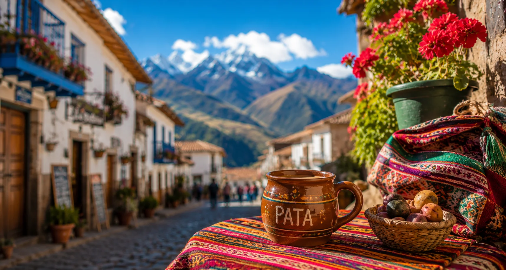 Traveler chatting with a local Andean woman on a picturesque street in Peru, showcasing authentic cultural connections and local experiences. | Andean Travel Experience