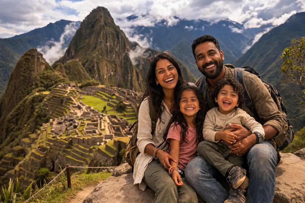 Family enjoying a relaxing moment with llamas and Machu Picchu ruins in the background during a Peru family trip. | Andean Travel Experience Family enjoying a relaxing moment with llamas and Machu Picchu ruins in the background during a Peru family trip. | Andean Travel Experience