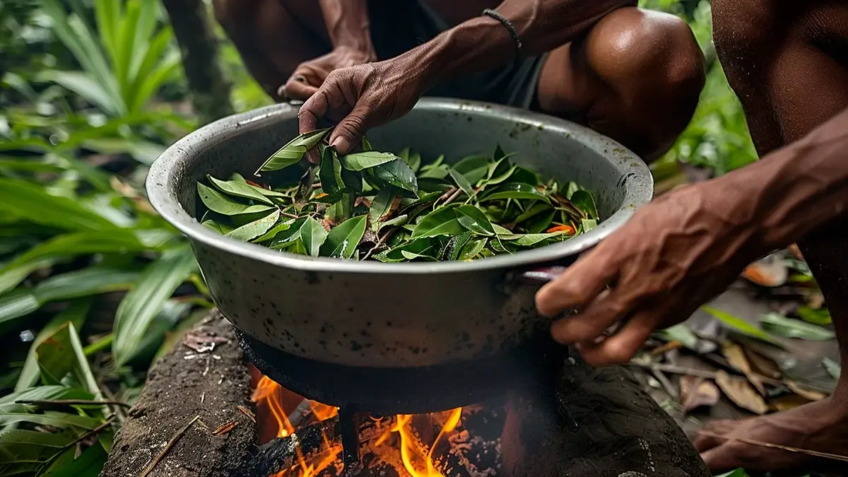 Ayahuasca leaves boiling in a pot over fire during preparation of a traditional Amazonian ceremony in Peru | Andean Travel Experience