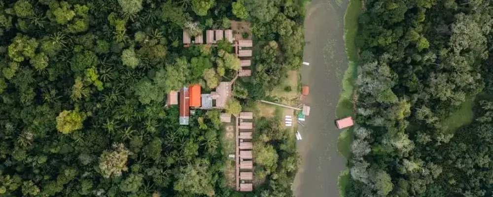 Aerial view of an Iquitos jungle hotel along the Amazon River | Andean Travel Experience