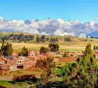 Panoramic view of Chinchero in the Sacred Valley of Peru, surrounded by Andean landscapes near Machu Picchu